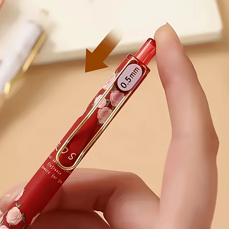 Vintage Rose Floral Retractable Gel Pen, High Aesthetic Value, Ins Style, 0.5mm Black Ink Pen, Student Stationery for Artistic Writing and Exam Practice, Random Designs