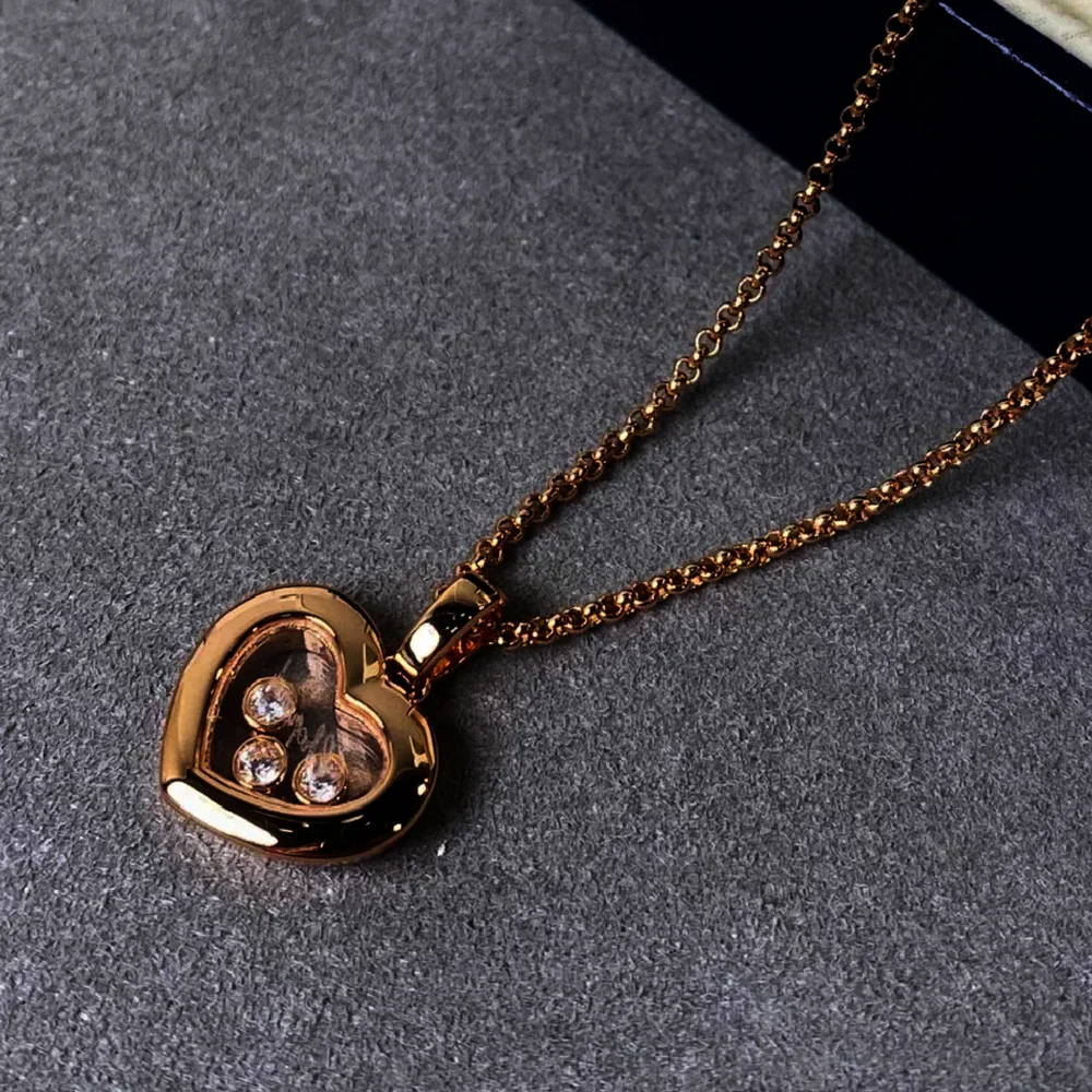 High-Quality Removable 3 Stone Rhinestone Gold Plated Love Heart Pendants Happy Necklace for Ladies Luxury Jewelry