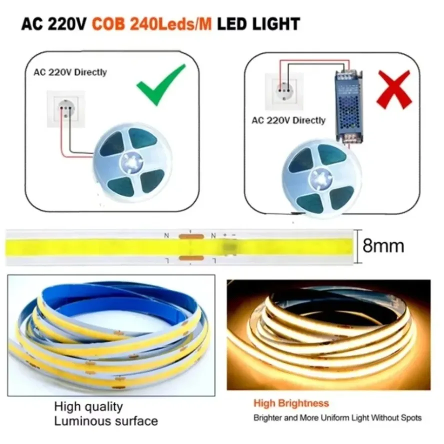 1-5m 220V 유연한 테이프 조명 디밍 가능 COB LED 스트립 조명 스마트 IC 드라이버 필요 없음 고휘도 240LEDs 선형 조명 RA95
