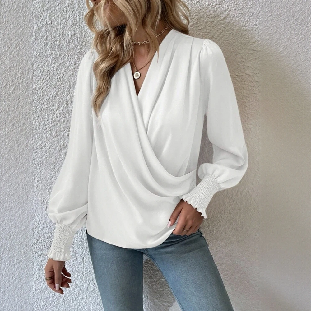 

Женские рубашки, осень-зима 2022, элегантные шикарные французские модные однотонные повседневные рубашки с длинным рукавом и v-образным вырезом