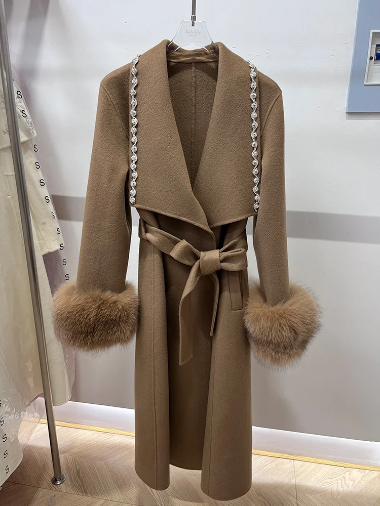

New Arrival Winter Cashmere Coat Wool Real Natural Fox Cuffs Coat Cardigan Embroidery Women Winter Warm Long Coat