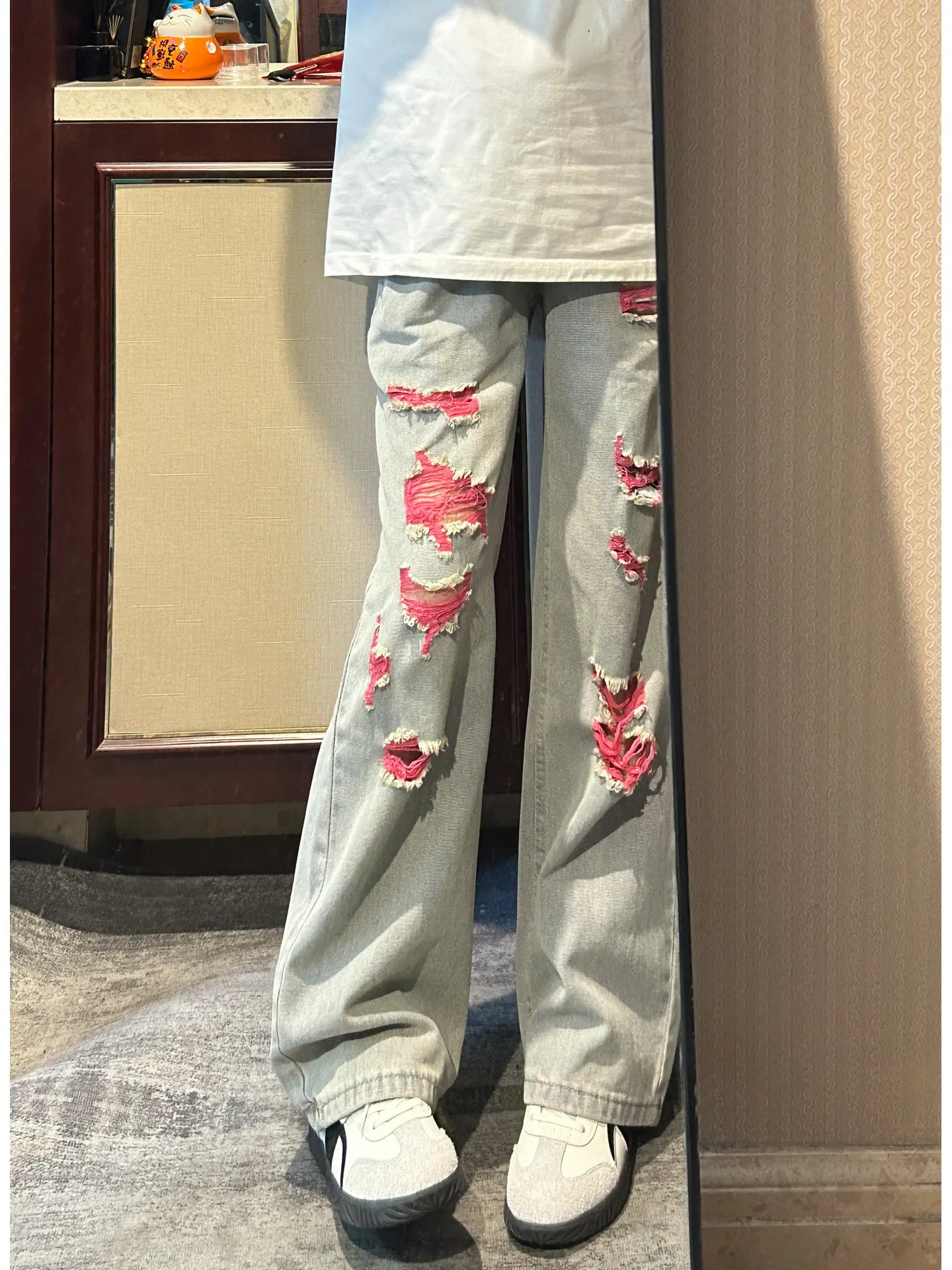 

Grey Blue Men's Ripped Denim Jeans American Retro Design Straight Loose Knife Flared Pants Summer Wear Resistant Casual Trousers