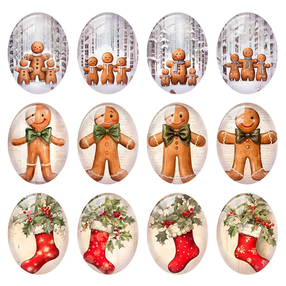 10pcs/lot Christmas X-mas Gingerbread Man Cookies Socks Flower Oval Photo Glass Cabochon Flatback Demo Cameo Diy Jewelry Making