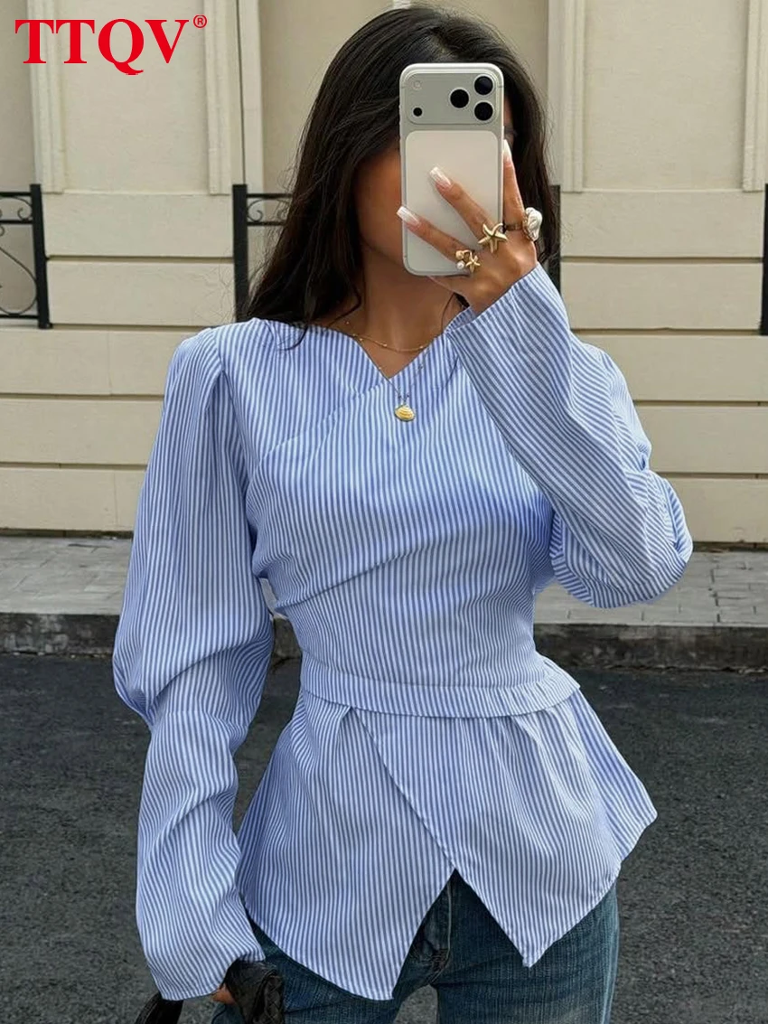 

TTQV Модная свободная женская блузка в синюю полоску, весна 2026, с V-образным вырезом, длинным рукавом, элегантная классическая рубашка, женская одежда
