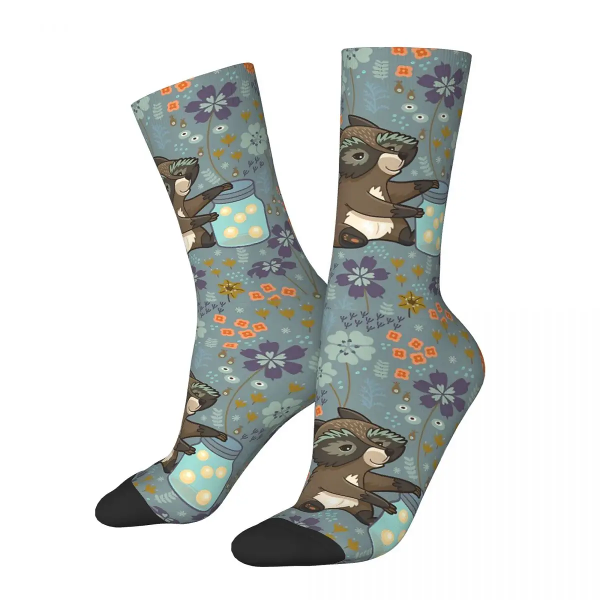 Funny Crazy Sock for Men Little Raccoon Hip Hop Harajuku Seamless Pattern Printed Boys Crew Sock Novelty Gift