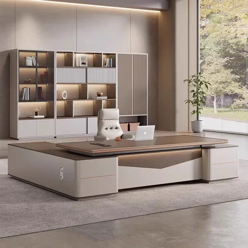 

Office Desk Modern Executive Furniture With Hutch L Shape With Drawers Organizer Socket Writing Boss Desk Luxury Chair Manager