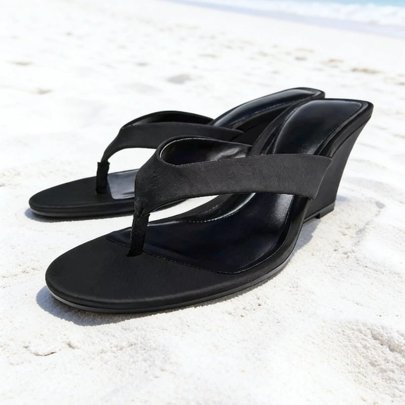 

Black Satin Wedges Sandals for Women Sexy Summer Clip Toe Beach Flip Flops Comfortable Non-Slip Slide Sandals Sandalias De Mujer