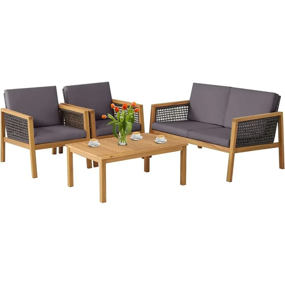 4-Piece Outdoor Acacia Wood Sofa Set with PE Wicker Coffee Table and Seat Cushions for Garden, Poolside, and Backyard (Grey)