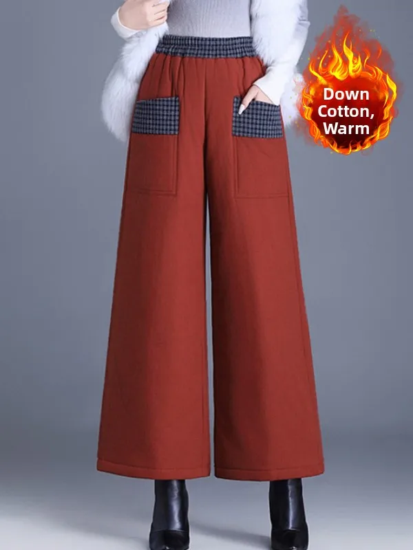 

Warm Plaid Spliced Faion down Cotton Trousers High Waist Casual Loose Fit Wide Leg Pants for plus Size Women Autumn Winter