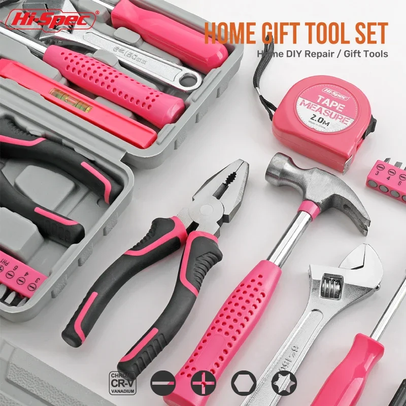 Hi-Spec 18pc Pink Compact Home Tool Set w/ Leveling Device&CR-V Pliers-Women's DIY Repair Kit with A4-Size Organizer, Gift-Ready