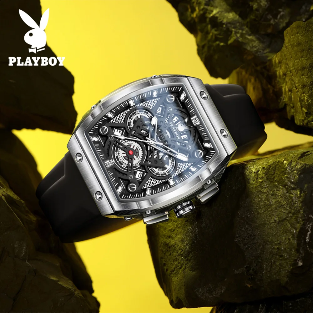 PLAYBOY Watches Man Waterproof Luminous Tonneau Skeleton Quartz