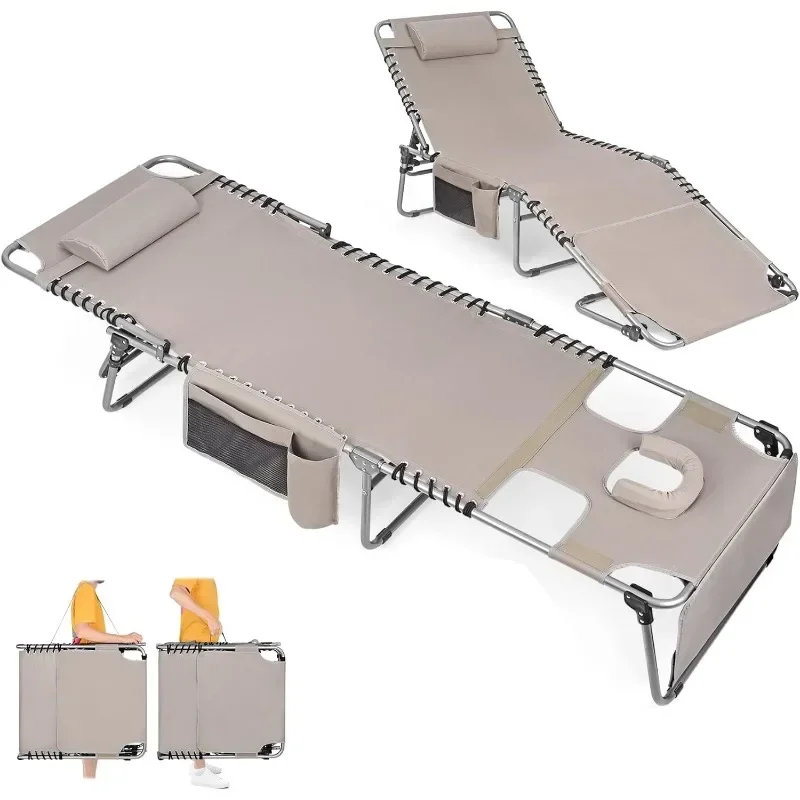 

Heavy Duty Sun Lounger with Face Hole Adjustable 5 Position Folding Deck Chair for Outdoor Portable Flat Lay Beach Lounger