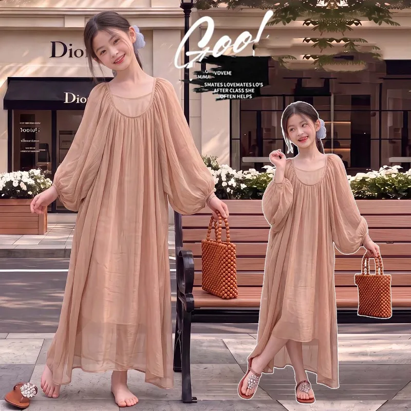 Children Girls French Dresses UNITIM Summer 4-14Yrs Kids Girls Bubble Sleeve Dresses Loose Soft Junior Girls Long Sleeve Dresses