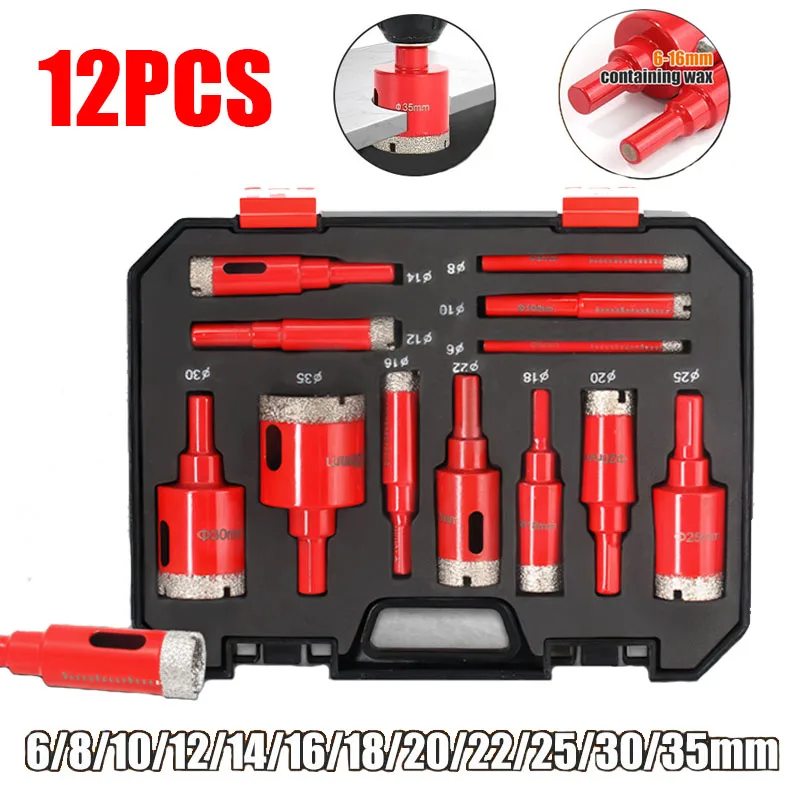 

12Pcs Diamond Coated Drill Bits Set 6-35mm Hole Saw Kit for Glass Marble Granite Stone Tile Ceramic - Hand Tools