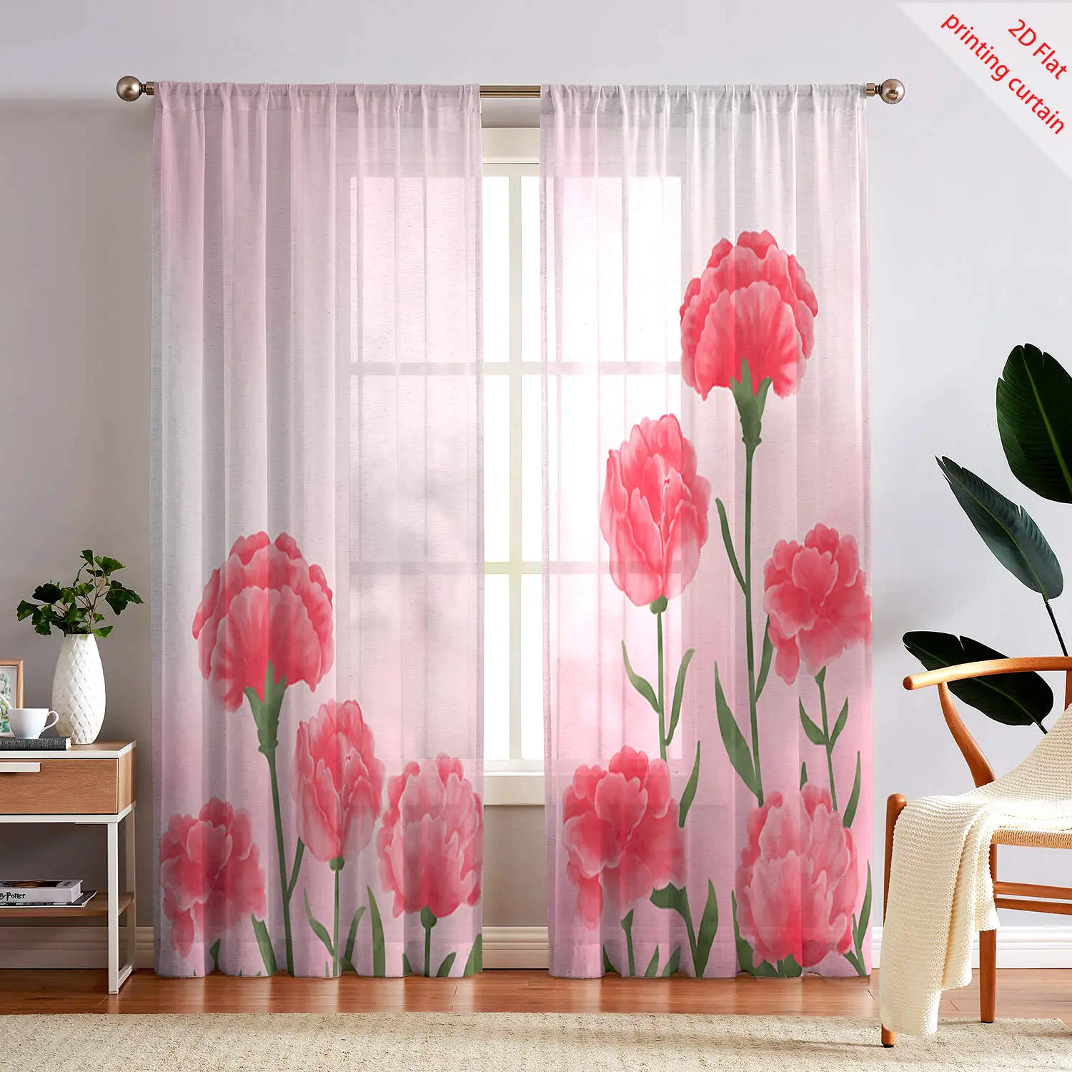 

Pink floral printed transparent gauze curtain, used for office, living room, balcony windows, and dreamy home decoration