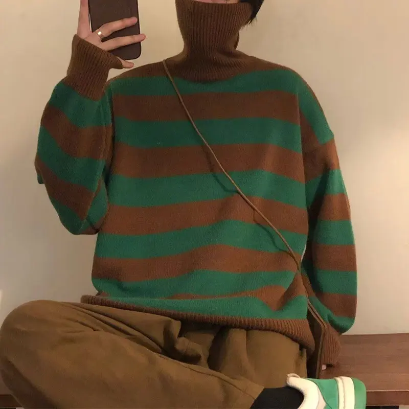 

Vintage Striped Turtleneck Sweaters Autumn Winter Casual Contrasting Colors Men's Clothing Japan Style Loose Knitted Pullovers