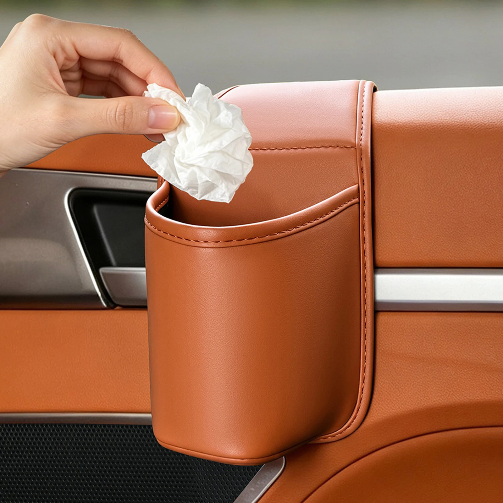 Leather Car Door Organizer Side Pocket Cup Holder Phone Slot Auto Interior Multi-Function Storage Bag