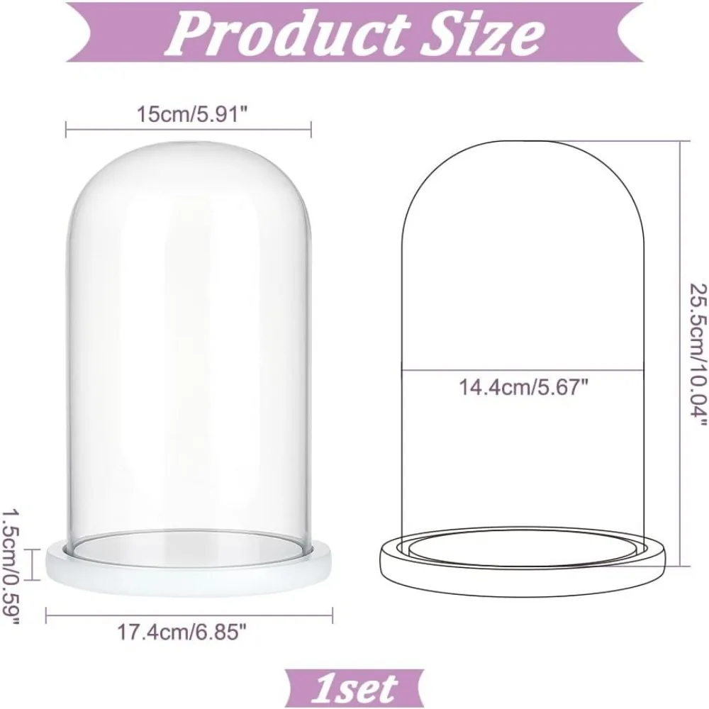Clear Bell Jar Display Case with Black Wood Base for Collectibles Rose Office Home Tabletop Centerpiece Decor 5.91×10.04 Inch