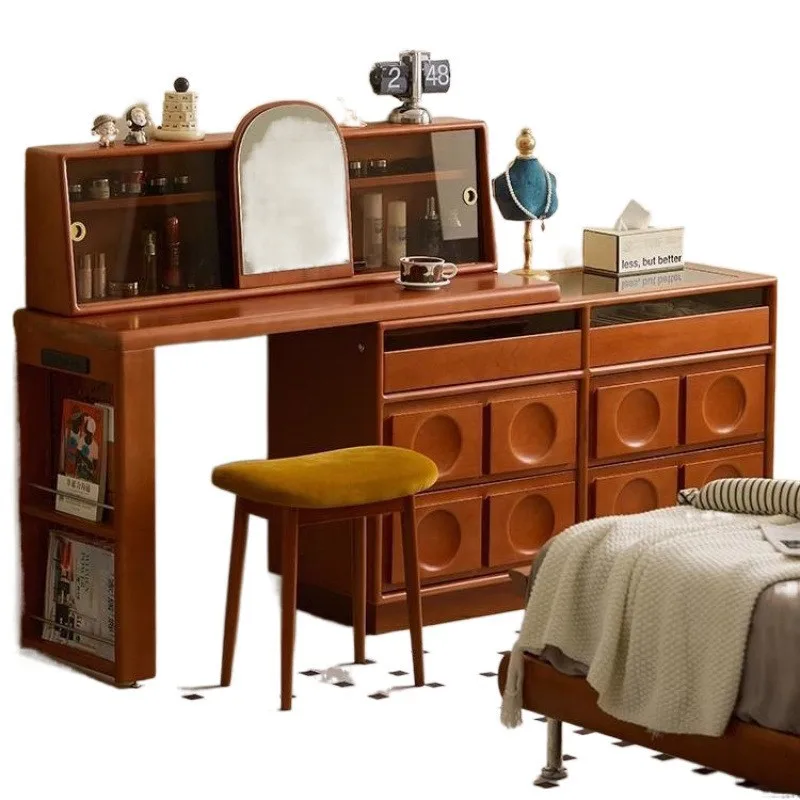 Solid wood makeup table and bucket cabinet are integrated, small household retro bedside corner cabinet