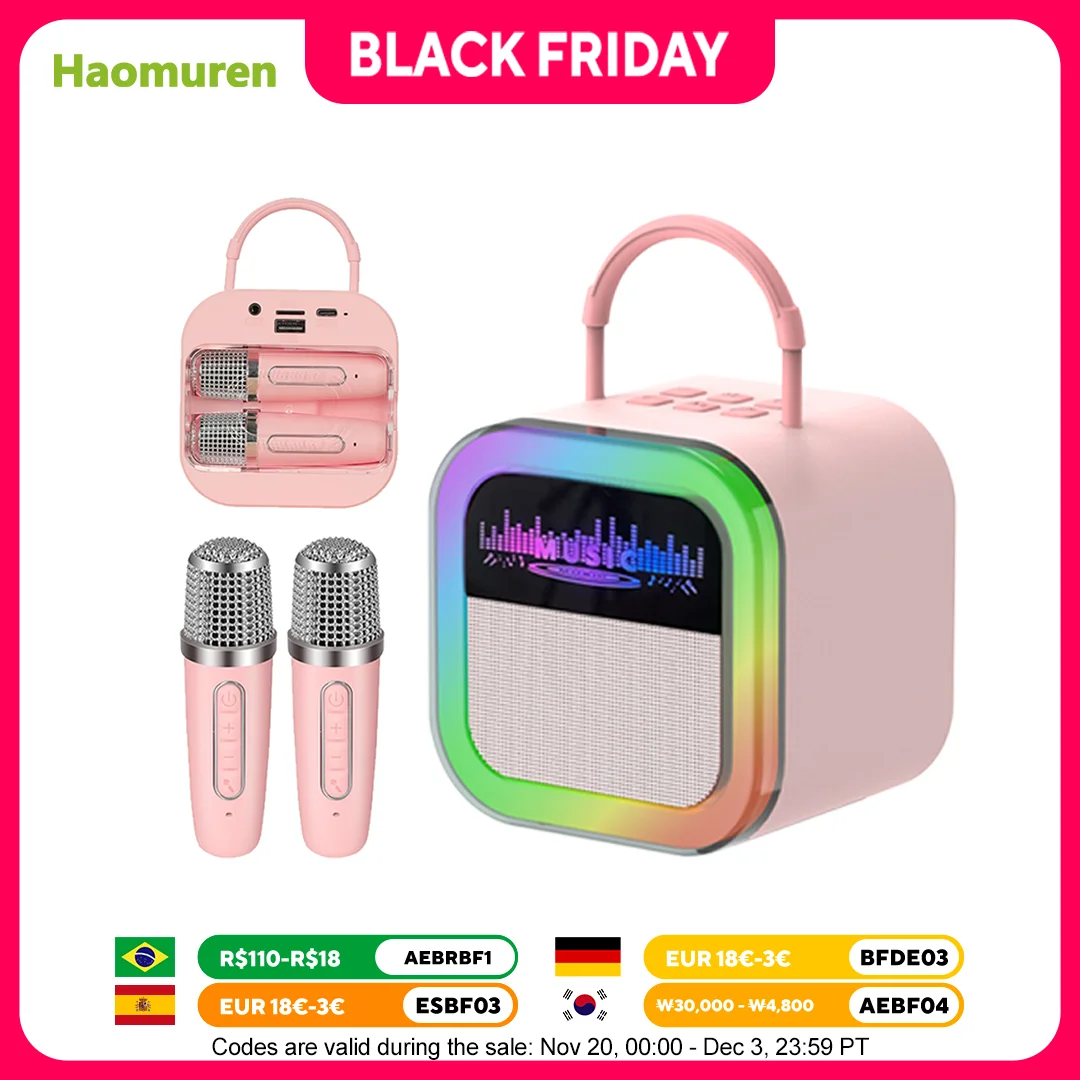 

Haomuren Portable Bluetooth Karaoke Speaker with 2 Distortion Mics Mini Karaoke Machine For Children Outdoor Family Gatherings