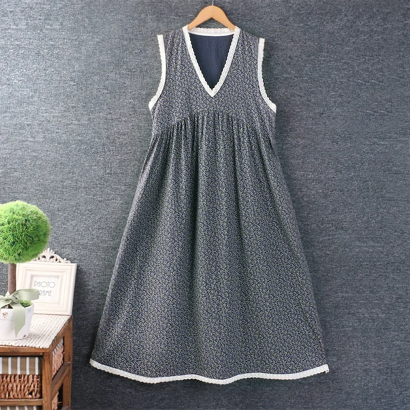 

2024 Summer Japan Style Mori Girl Floral Print Cotton and linen Loose Dress Women V-Neck Sleeveless Casual Loose Tank Dresses