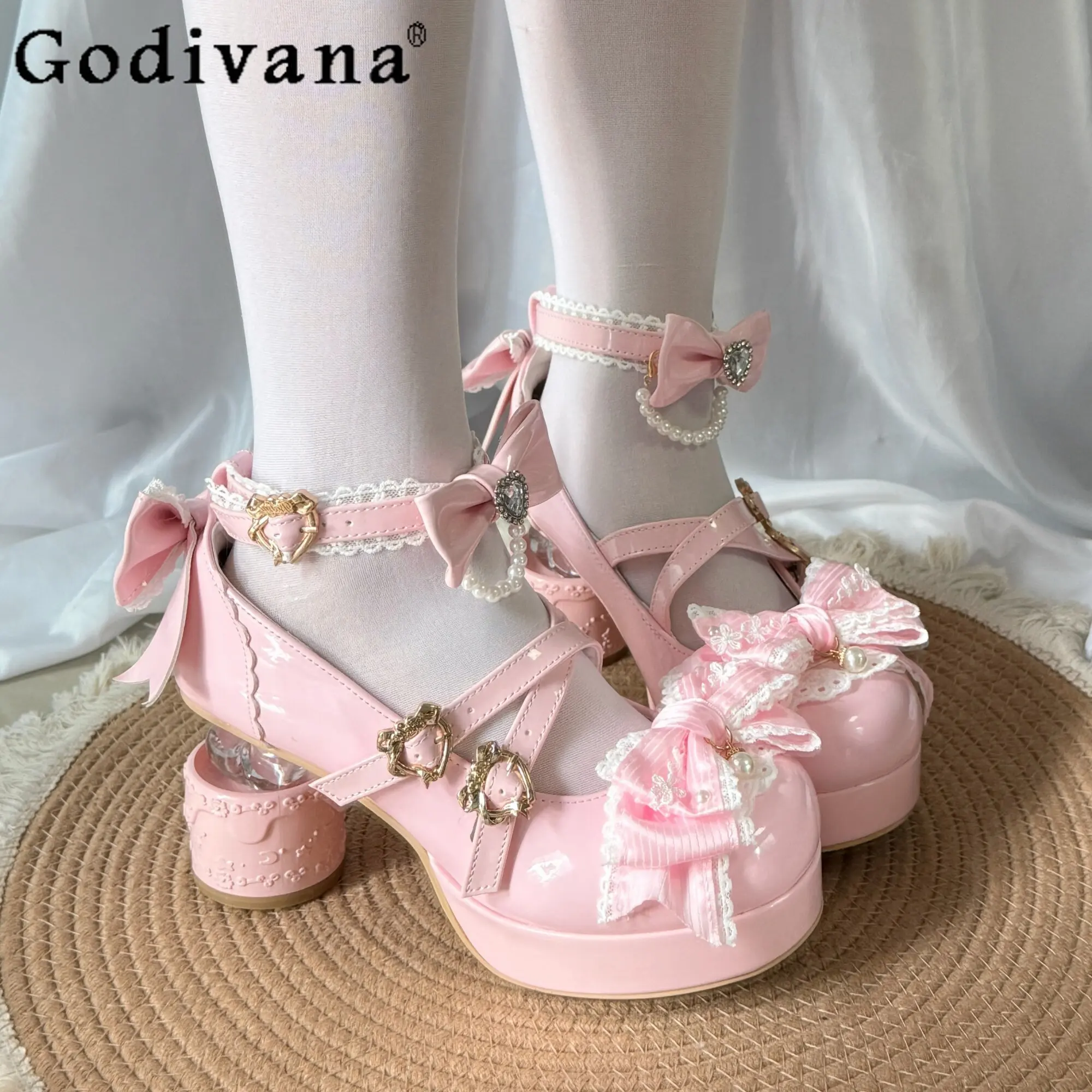 

Original Japanese Lolita Pink Mary Jane Shoes Spring and Summer New Girls Women's Sweet Elegant Bow Waterproof High Heels Pumps