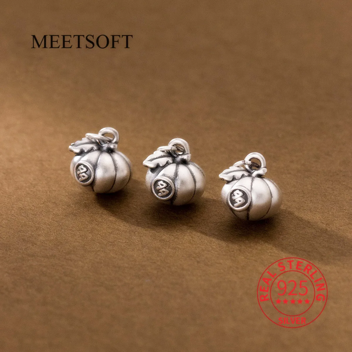 MEETSOFT S999 3D Sterling Silver Distressed Word Print Pumpkin Charms di accessori per bracciali fatti a mano fai da te all\'ingrosso