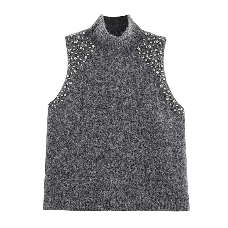 

YENKYE Faux Jewel Beads Appliques Gray Knit Vest Women Sexy Sleeveless High Neck Pullover Tops