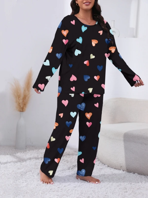 Conjunto de pijama feminino plus size de manga comprida e calças, 2 peças, camiseta e calças de manga comprida com estampa de coração, roupa de dormir elegante e confortável