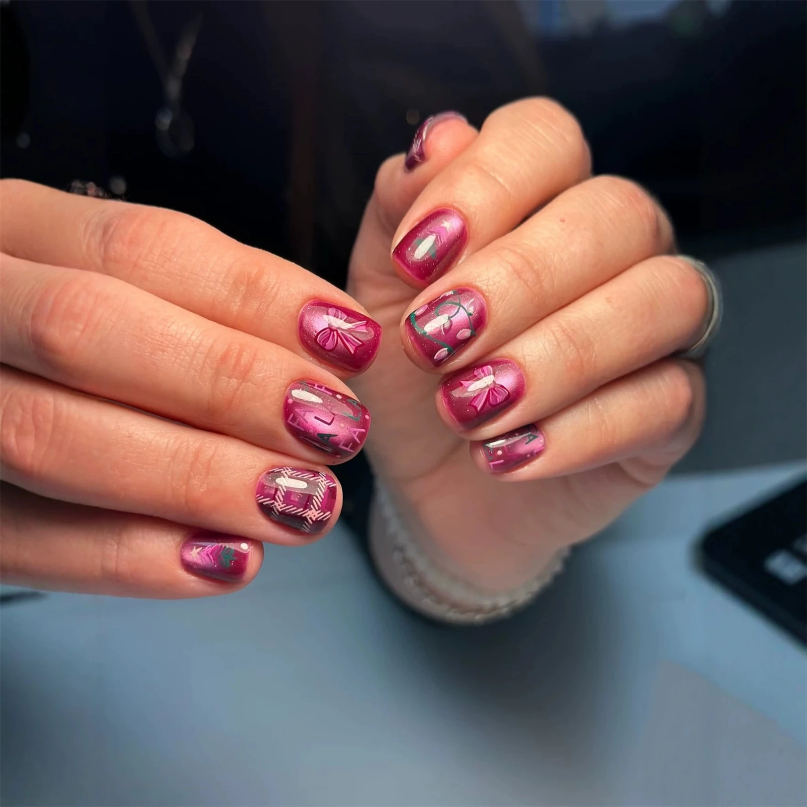 Pink Purple Short Square False Nails for Women and Girls 24Pcs Party Wearable Fake Nails Flower/Bowknot/Plaid Decor Nails Art