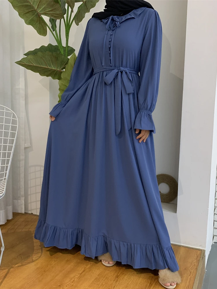 Sweet Ruffle Sleeve Eid Turkey Muslim Dress Women Kaftan Long Robe Abaya Hijab Vestidos Islamic Clothing Arabic Dresses Mulsuman