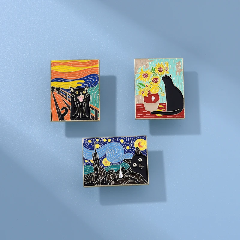 Oil Painting Art Enamel Pins Starry Night Cat Flower Animal Brooches Metal Accessoreis Lapel Pin Badge for Backpack Clothes