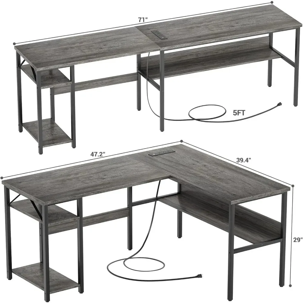 L-shaped Table with Power Socket and USB Charging Port with Storage Shelves, Home Computer Desk, Easy To Assemble, Grey Oak