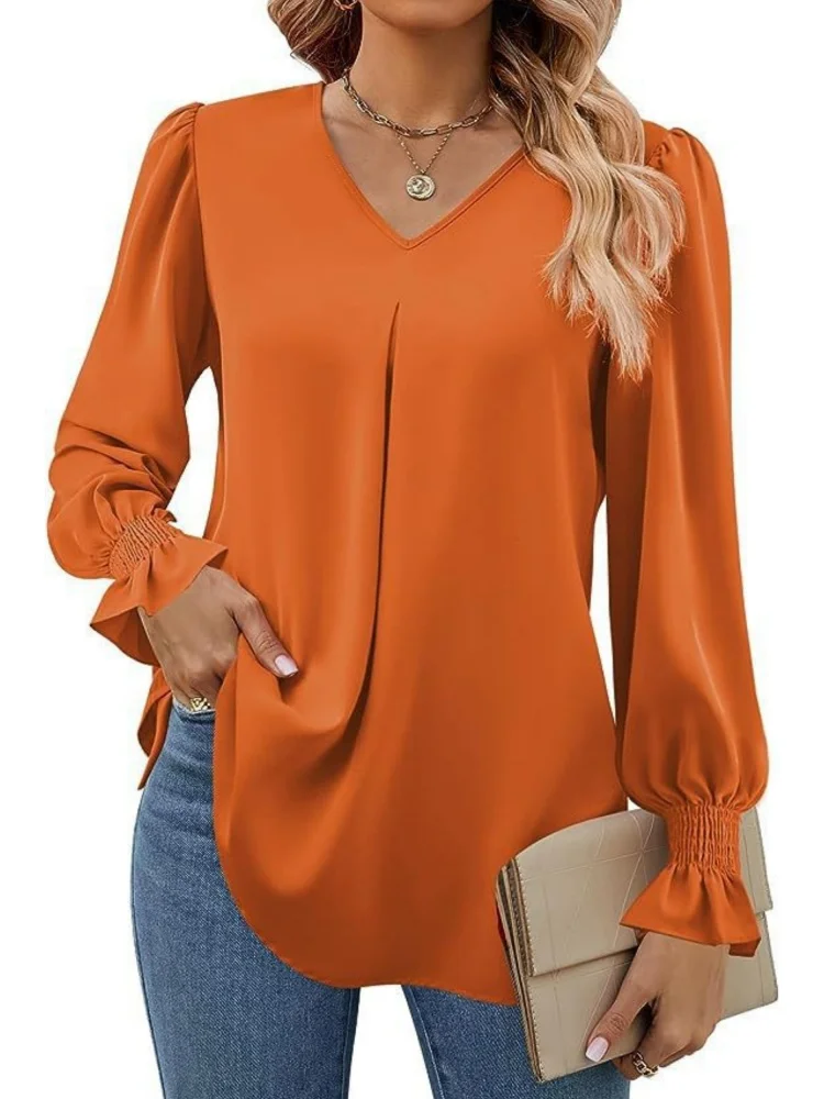 Women Spring Summer Style Blouses Shirts Lady Casual Long Sleeve V-Neck Solid Color Blusas Tops DF4998