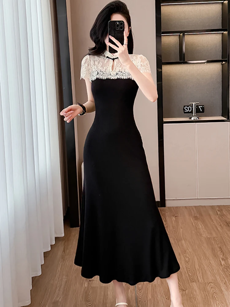 Femmes coréennes Vintage Hepburn Festival longue robe été noir Patchwork blanc dentelle robe transparente 2025 élégant moulante robe de nuit