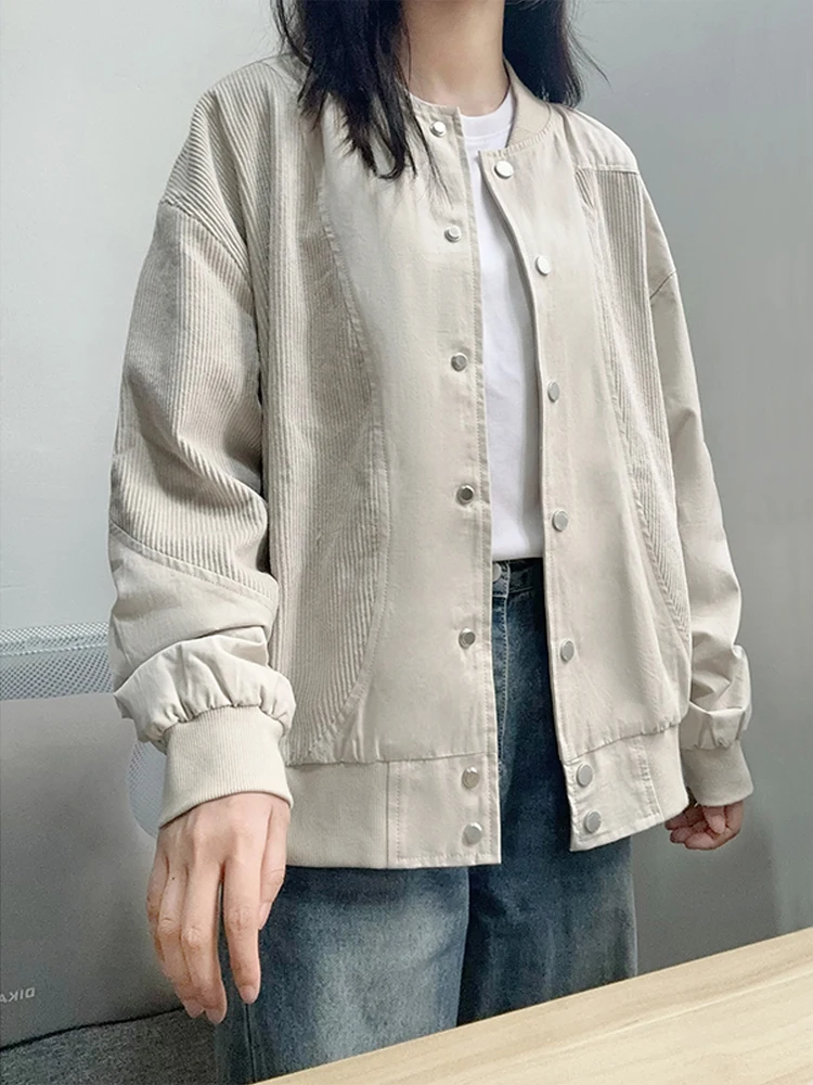 

Corduroy Patchwork Women's Jacket American Retro Autumn Winter Thick Casual Baseball Jacket Single Breasted Loose Outerwear