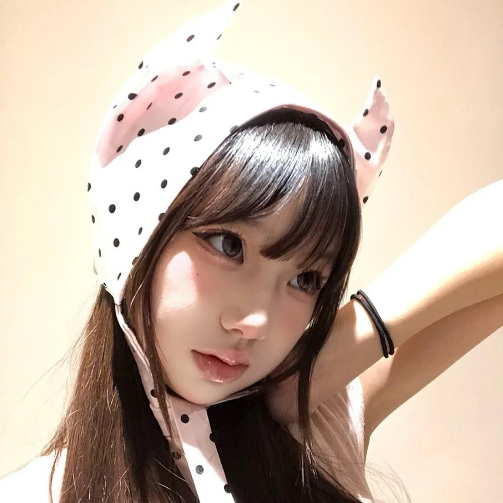 

Headwear Y2K Little Demon Hair Scarf Soft Wrap Headband Hair Band with Ears Sweet Hip Hop Polka Dot Headscarf Streetwear