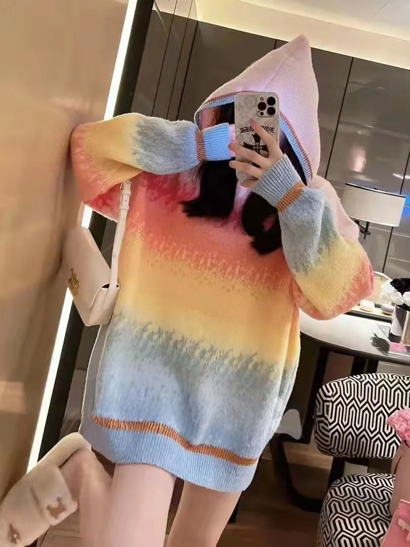 

Женская толстовка с градиентным радужным принтом, вязаный свитер свободного кроя, осенне-зимняя верхняя одежда, универсальный повседневный комфортный стиль