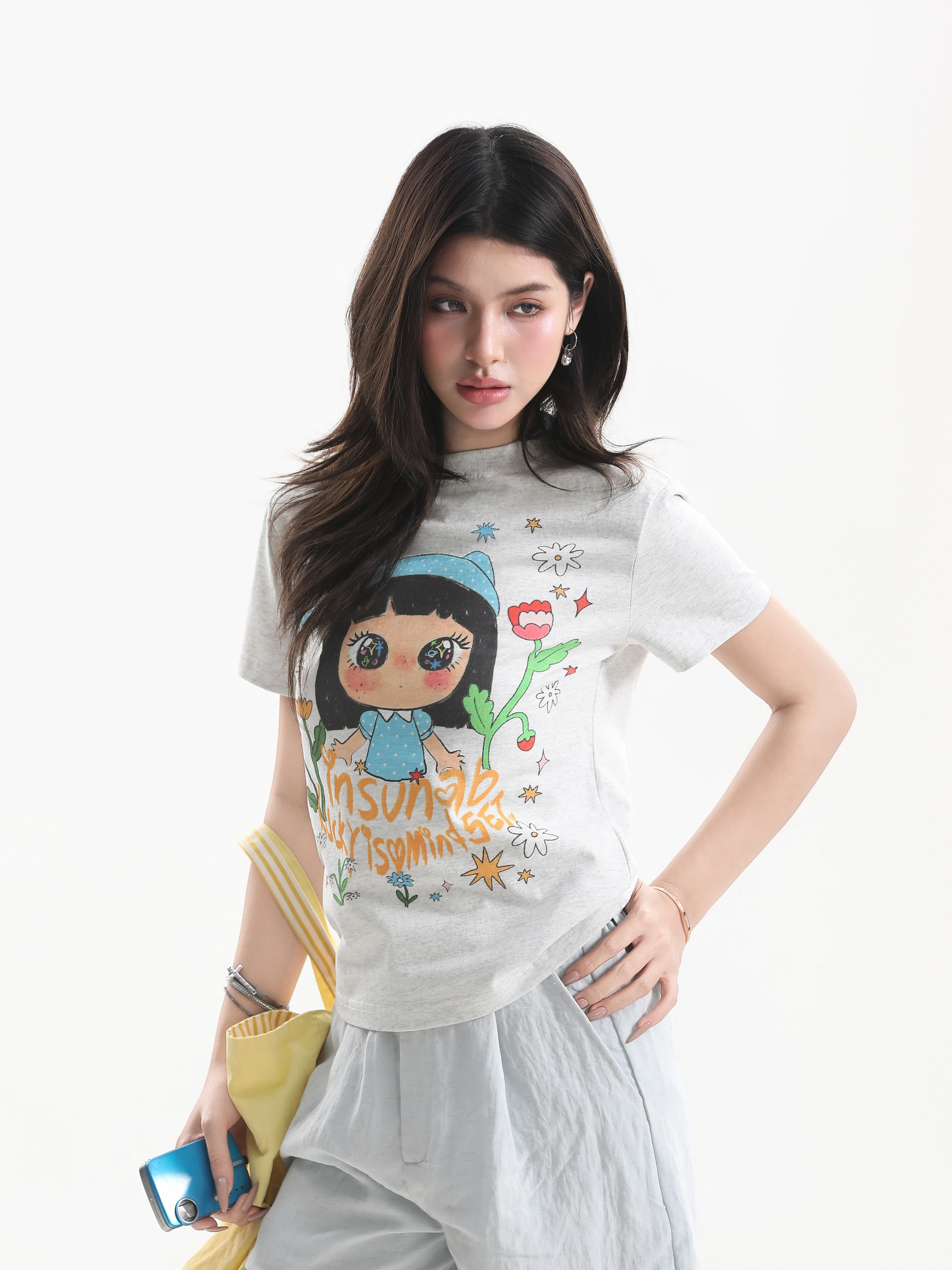 Slim Fit Short Sleeve T-Shirt Women's Summer Casual Print Vintage American Style Small Ball Doll Eye Large Print Short Length