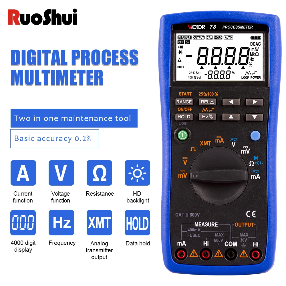 Victor78 Digital Process Multimeter Backlight True RMS AC/DC Ammeter Voltmeter Ohm Frequency Diode Temperature Transistor Tester