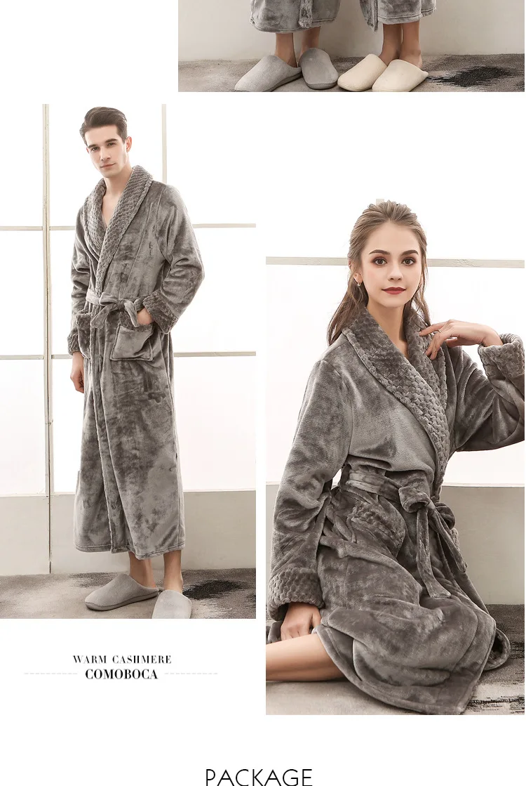 Warmer Winter-Bade- und Schlaf-Loungewear aus weichem Plüsch für Herren, stilvoller, gemütlicher, passender, langer Nerz-Fleece-Patchwork-Bademantel für Paare – Detail 10