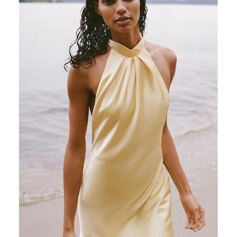 Ele Sommer Neue Ankunft Seide Satin Midi Dr Hängen Ne Kragen frauen Design Sensation Kleid l Taille Langen Rock