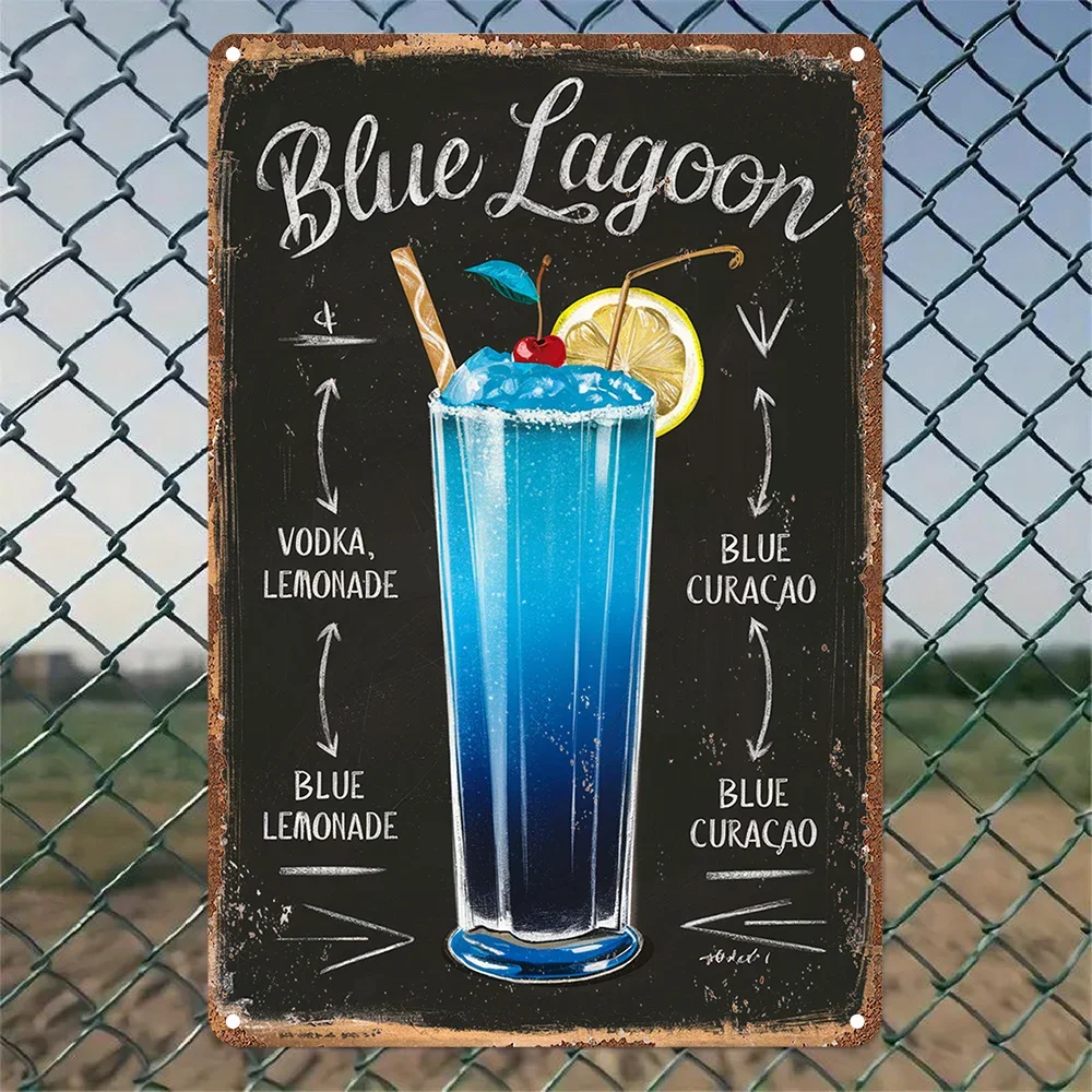 Aluminum Blue Lagoon Cocktail Sign, Vintage Style 2D Wall Art Decor, Ideal Gift, Retro Poster Plaque for Kitchen, Game Room