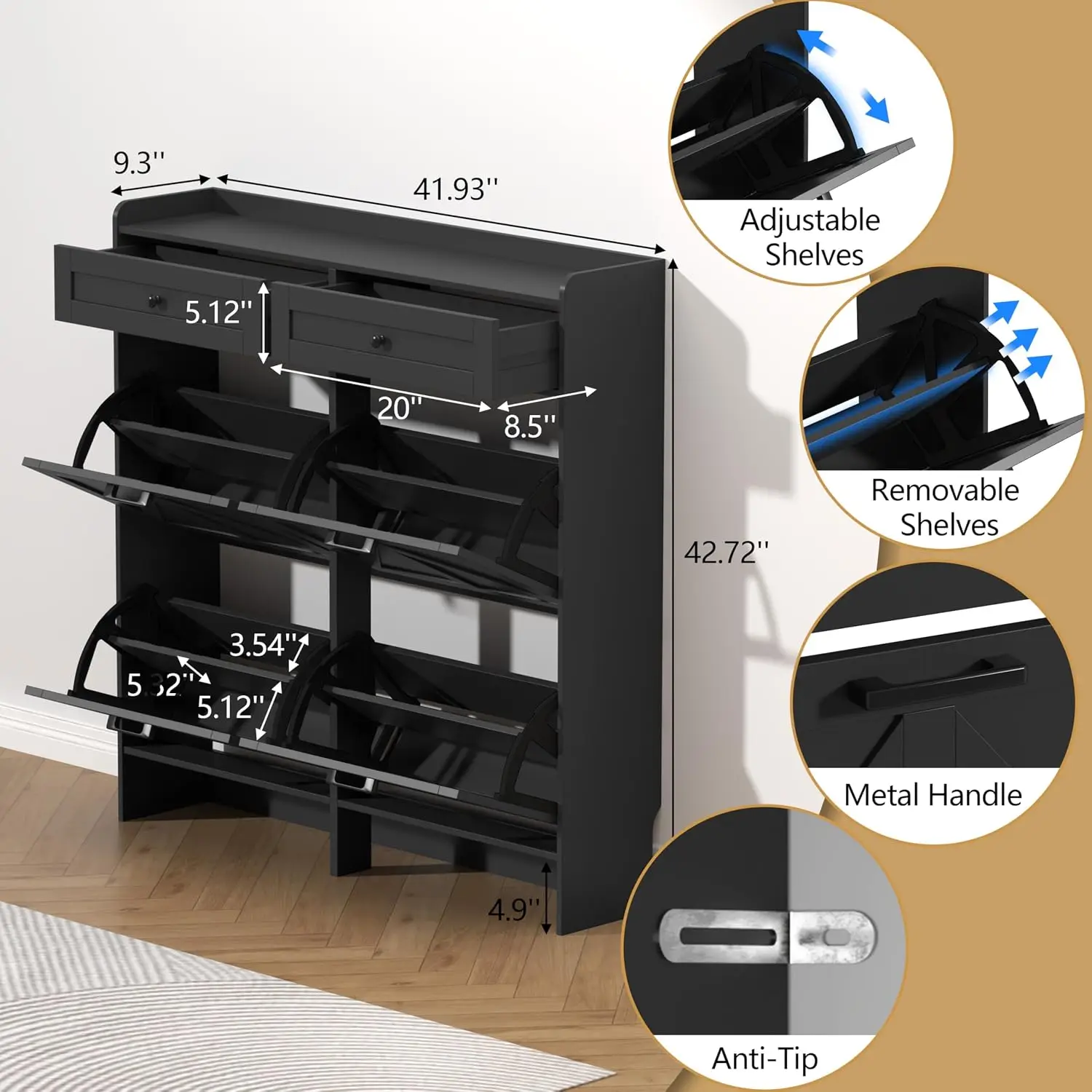 Shoe Cabinet 4 Flip & 2 Storage Drawers Rustic Farmhouse Narrow Slim Organizer Entryway Hallway, Customized
