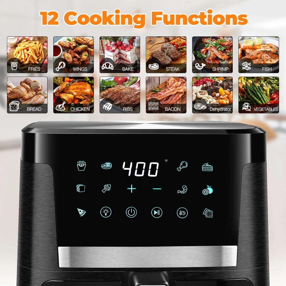 Grande Capacidade Oilless Oven Air Fryer, Air Fryer com 12 Presets, Visível Janela de Cozinha, LCD Touch Screen, 1700W, 7.5 QT