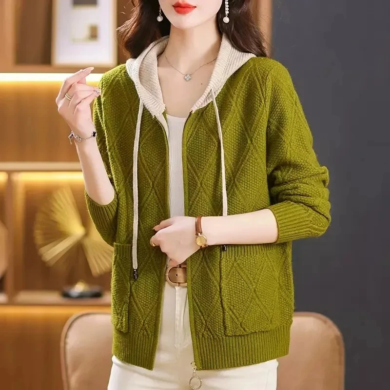 2024 Spring Autumn Women's Sweater Cardigan Jacket New Fashion Color Blocked Hooded Zipper Mother Coat Female Loose Knitted Tops