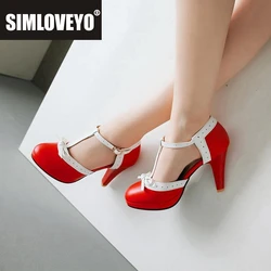 SIMLOVEYO Plus Size 32-44 High Heel Shoes Round Toe Heel pumps Women's Platform pumps with bow party wedding Footwear strap 972
