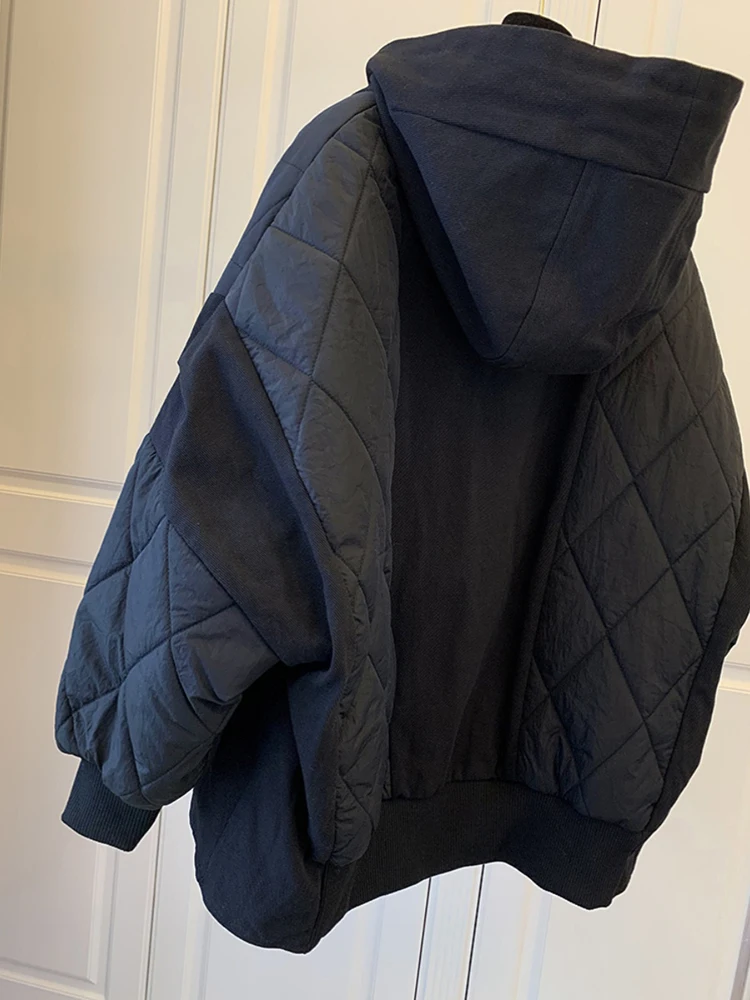 

Black Cotton Clothes for Women Autumn Winter New Single Breasted Hooded Padded Jacket Korean Loose Warm Lightweight Coat