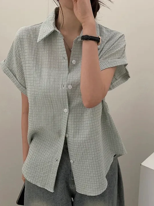 

Korean Sle Plaid ort Sve Women's irt Vintage Collar Design Slimming Loose Faionable Top Summer New Arrival