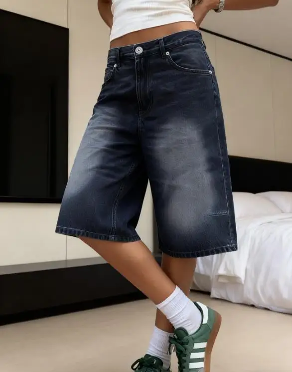 

Retro Wide Leg Denim Crop Pants for Women In Summer High Waist Loose Denim Short Pants Personalized Street Style Female Shorts